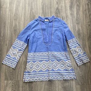 Tory Burch - 100% Cotton Blue w/ White Embroidered Traditional Kurta - Size 10